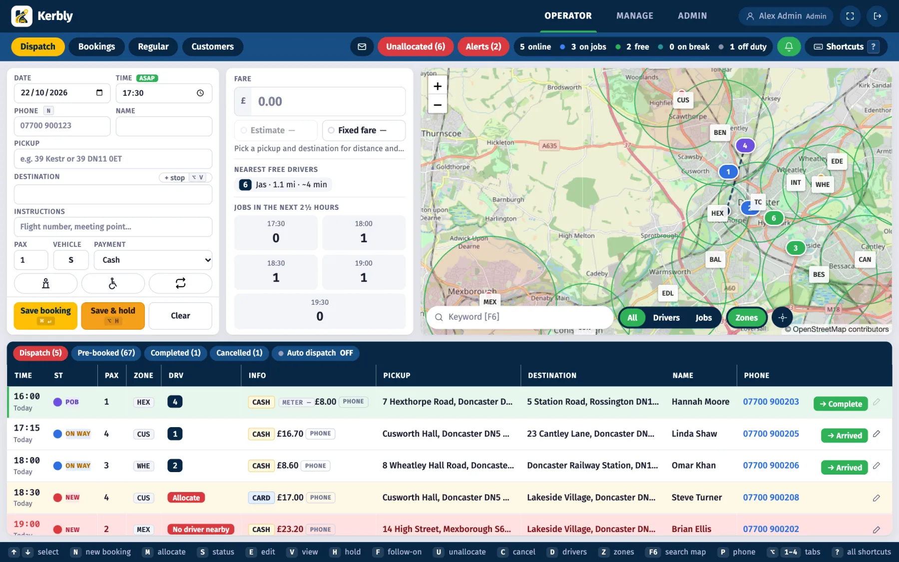 The Kerbly dispatch screen with a booking form, live map of drivers and zones, and a table of current jobs