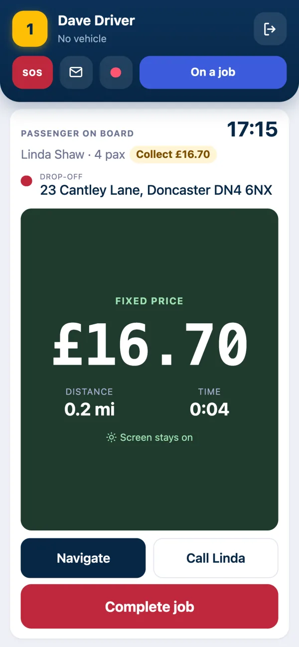 The Kerbly driver app showing a taxi meter during a job