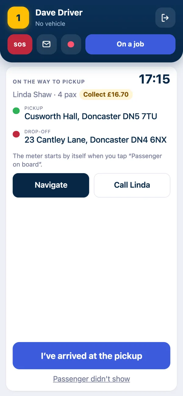 Kerbly driver app job screen with pickup, drop-off and navigate button