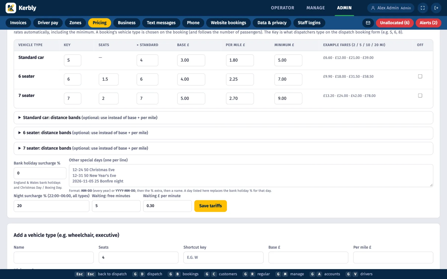 Kerbly tariff settings