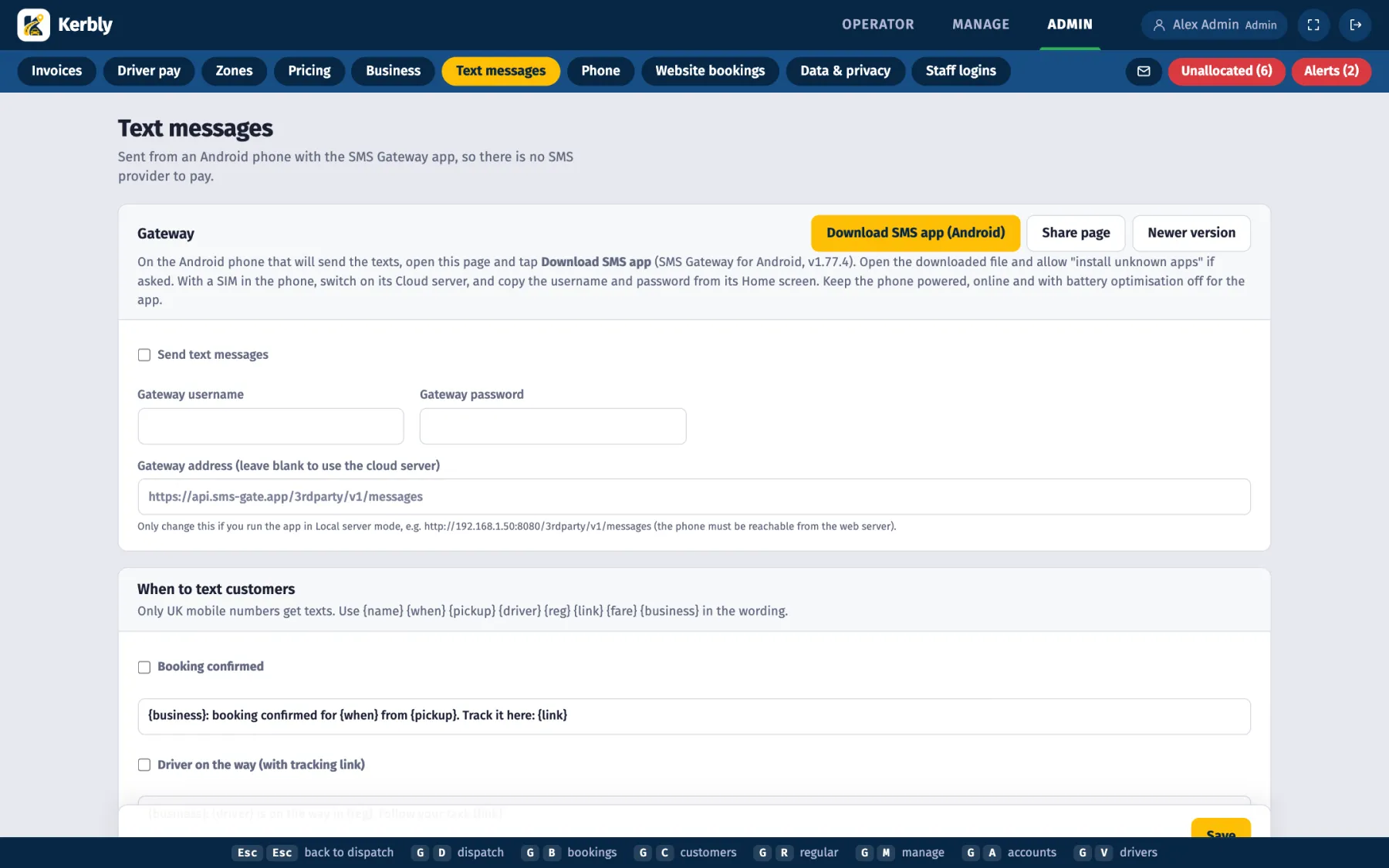 Kerbly text message settings
